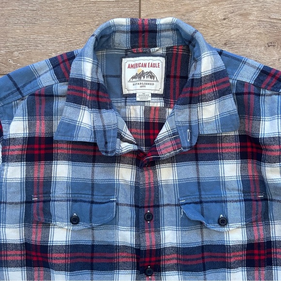 American Eagle Blue Red Plaid Flannel Button Down Shirt Sz XLT Cotton Casual - Picture 2 of 7